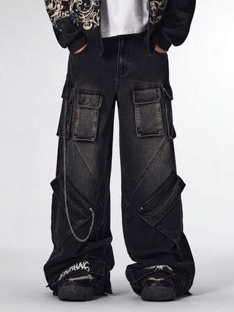 Street Life Herren Loose Fit Weite Bein Lässig Jeans mit Mehreren Taschen und Destroyed-Effekt