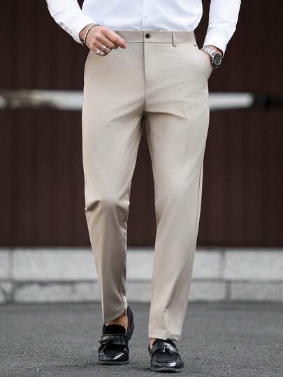 Calvornis Men's Classic Khaki Plain Fabric Suit Pants With Zipper Closure