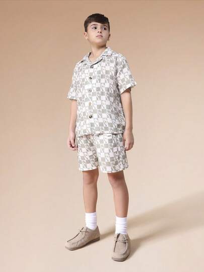 SUMWON Boys Checkered Animal Print Short Sleeve Shirt And Matching Shorts Summer Vacation Casual Coordinate Set With Button Front