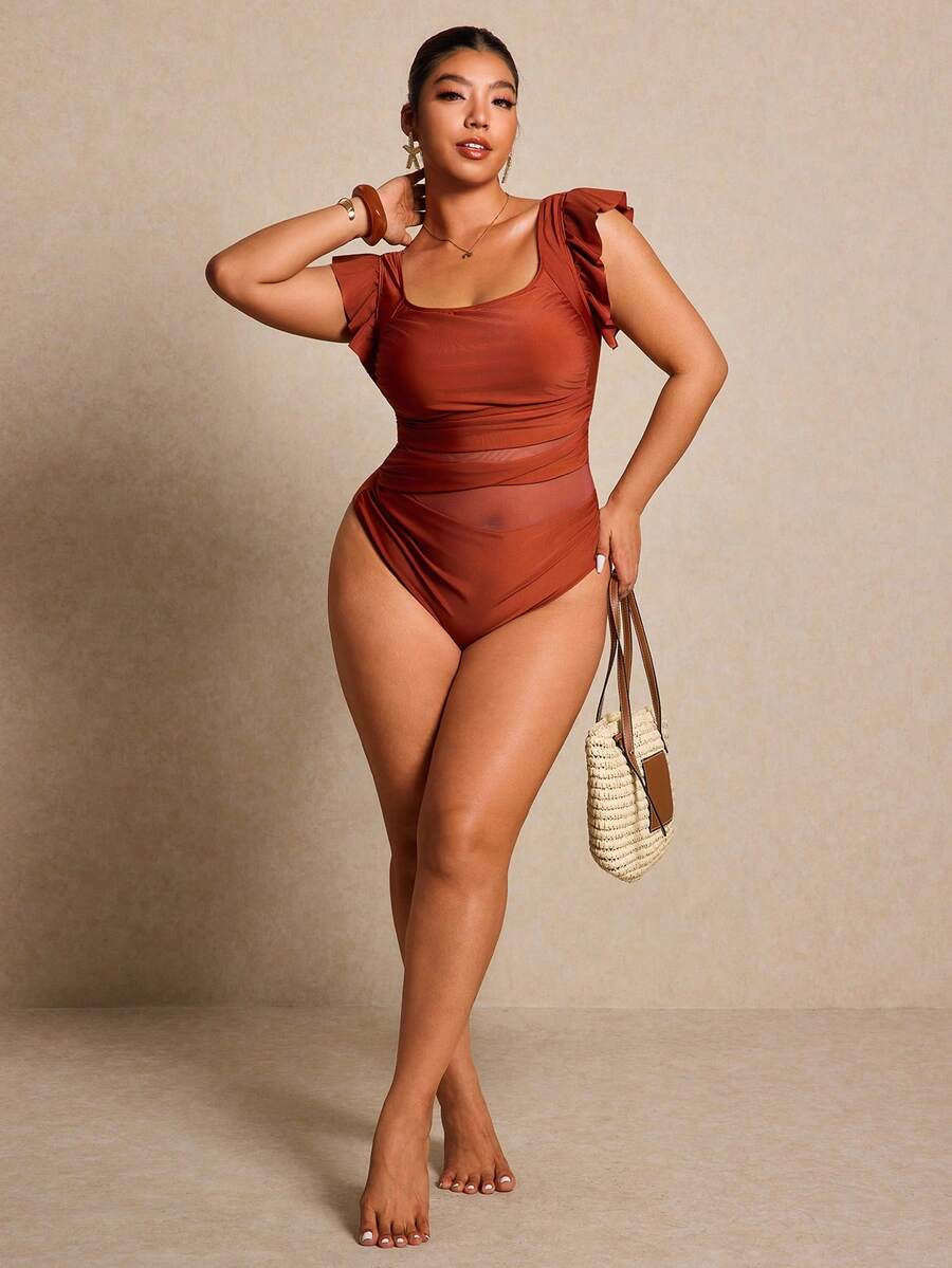 Elaquor 大码女式纯色褶皱荷叶袖连体泳衣 - 駝色 - 查看 1