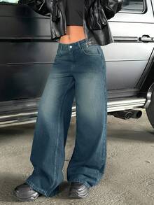 CasuGlow Solid Color Slant Pocket Low Waist Y2K Washed Casual Style Wide Leg Jeans - Light Wash - View 7