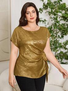 Reflora Damen Große Größen Einfarbige Lässige Kurzarm Bluse mit Bindedetail - Gold - Übersicht 4