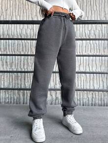 EURMUSE Drawstring Waist Solid Sweatpants - Dark Grey - View 4