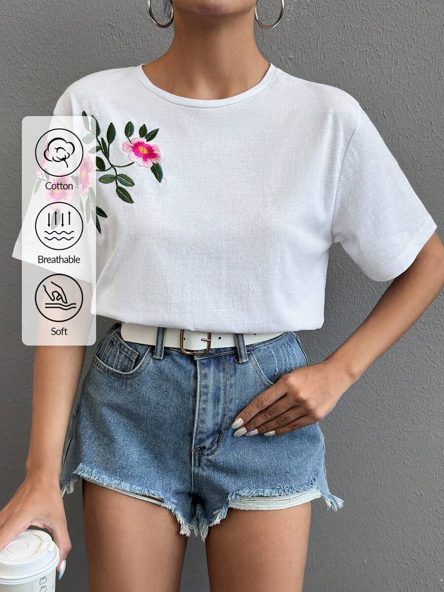 EURMUSE Cotton T-Shirt With Flower Embroidery, Round Collar - White - View 1