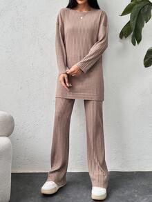Cotton Drop Shoulder Split Hem Tee & Pants - Brown - View 5