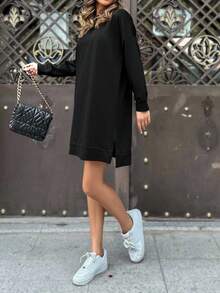 EURMUSE Cotton Solid Drop Shoulder Split Hem Sweatshirt Dress - Black - View 4