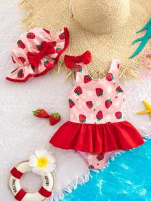 SHEIN Buy One Get One Free, Including A Hat. Cute Baby Girl Casual, Simple, And Adorable Patterned Tank Top Swimsuit, Perfect For Outings, Vacations, And Spring/Summer. - Red - View 2