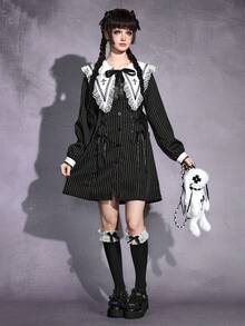 ROMWE Goth 哥特式暗黑娃娃十字尖领撞色蕾丝条纹修身A字迷你连衣裙 - 黑與白 - 查看 1