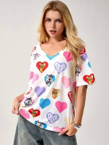 TOM & JERRY X SHEIN Women's Casual Heart & Cartoon Pattern V-Neck Short Sleeve T-Shirt, Summer - White - View 6