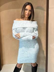 Manon Tanti Grey Off-Shoulder Turtleneck Long Sleeve Mini Sweater Dress, Loose Top Tight Bottom, Suitable For Young Ladies, Autumn/Winter,Fall - Grey - View 2