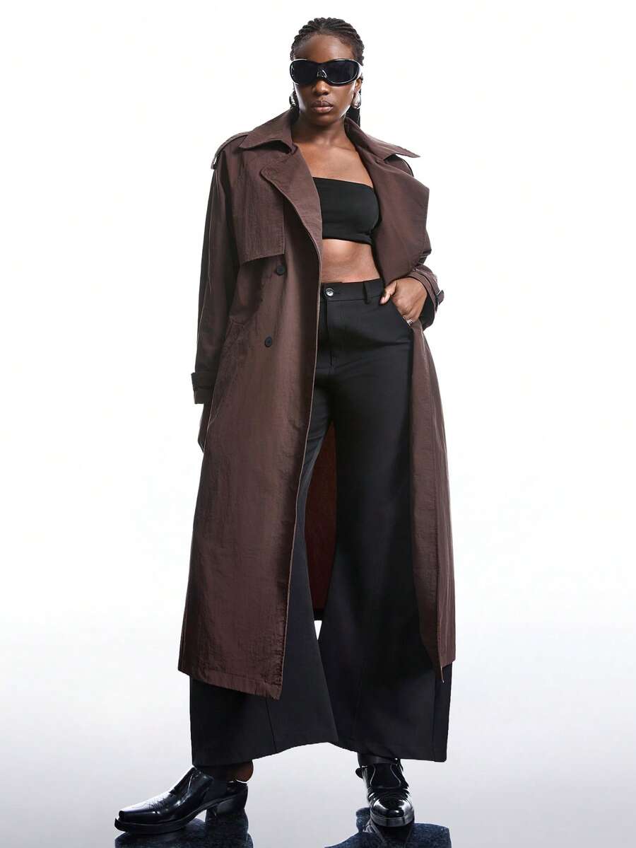 LYSMO Plus Size Plain Color Dual-Breasted Long Casual Trench Coat, Spring/Autumn Winter Fall - Brown - View 1