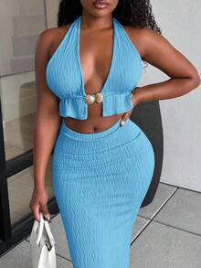 Alexandranx Women Textured Metallic Cutout Halter Crop Top And Mini Skirt Set - Blue - View 4
