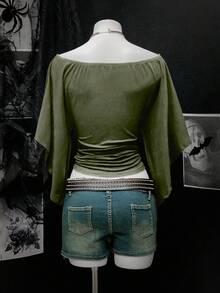 EgrlEra Áo thun nữ màu trơn thời trang trễ vai, thắt eo, phong cách retro gợi cảm - xanh quân đội - Xem 2