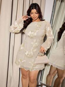 Elaquor 大码女式花卉提花V领网纱优雅连衣裙 - 杏色 - 查看 6