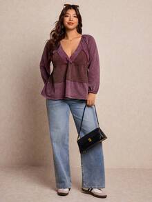 Elaquor Plus Size Women V-Neck Raglan Sleeve Casual T-Shirt - Purple - View 4