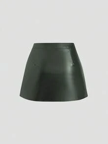 SHEIN PETITE 秋冬休闲A字喇叭PU皮迷你裙，娇小女性的时尚之选 - 綠色 - 查看 2