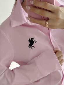 SHEIN EZwear 女士新款刺绣装饰粉色修身长袖衬衫 - 粉色 - 查看 5