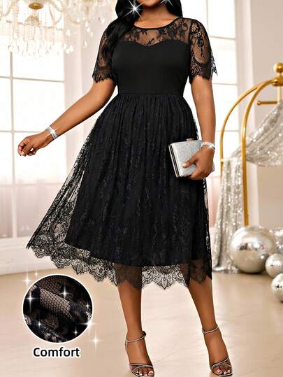 Fleurora 大码女式蕾丝拼接优雅收腰度假派对短袖连衣裙