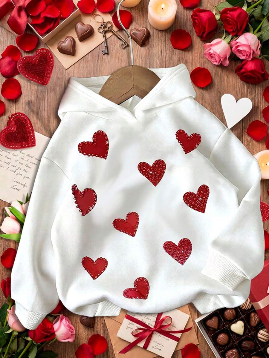 Hoodie estampada para mujer con corazones rojos– romántica, moderna y cómoda - Blanco - Ver 1