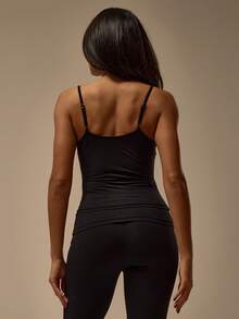 MUSERA ESSENTIALS Strappy Fitted Scoop Neck Polyamide Cami Top Winter Cosy Lounge Cute Sexy Everyday Lounge Essential - Black - View 4