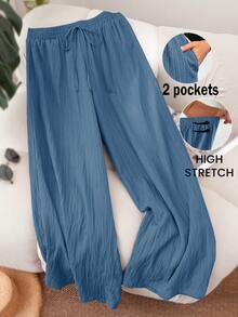 SHEIN CURVE+ Plus Size Women Summer Casual Beach Outfits, Fashion Business Commute Elegant Wide-Leg Pants With Pockets, Lotus Pink,Summer Pantssummer/Country/Beach Vacation Outfits/Beach Outfits/Beach Wear - Dusty Blue - View 11