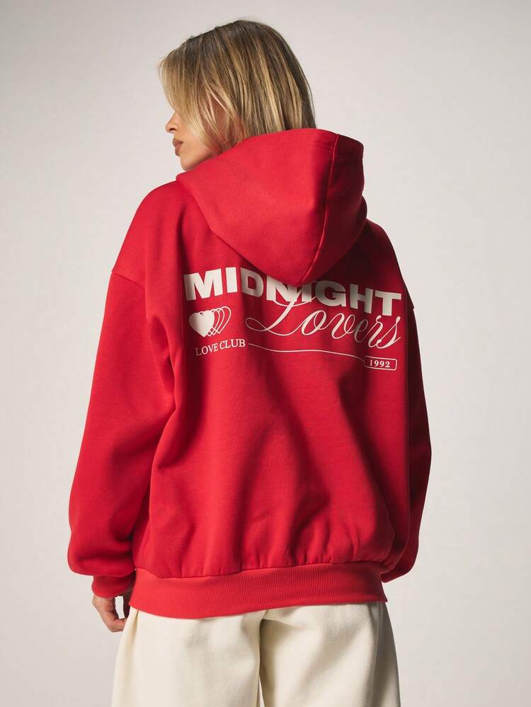 MISSGUIDED Oversized Red Hoodie With Back Print Midnight Lovers Love Club Text White Heart Detail Drawstring Hood Regular Length Casual Sweatshirt