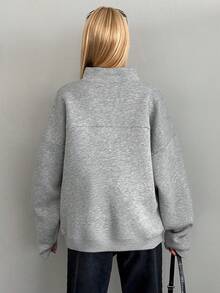 EURMUSE Cotton Half Button Flap Detail Drop Shoulder Sweatshirt - Grey - View 2
