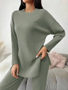 EURMUSE Cotton Women's Solid Color Dropped Shoulder Ribbed T-Shirt And Pants Set - Olive Green - View 6