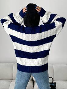 EURMUSE Two Tone Drop Shoulder Cable Knit Jumper - Multicolor - View 2