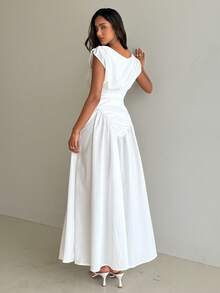 Aloruh Women's Spring/Summer New White Elegant Soft Artistic Elegant Fashionable Pleated Waist Flared Dress - White - View 3