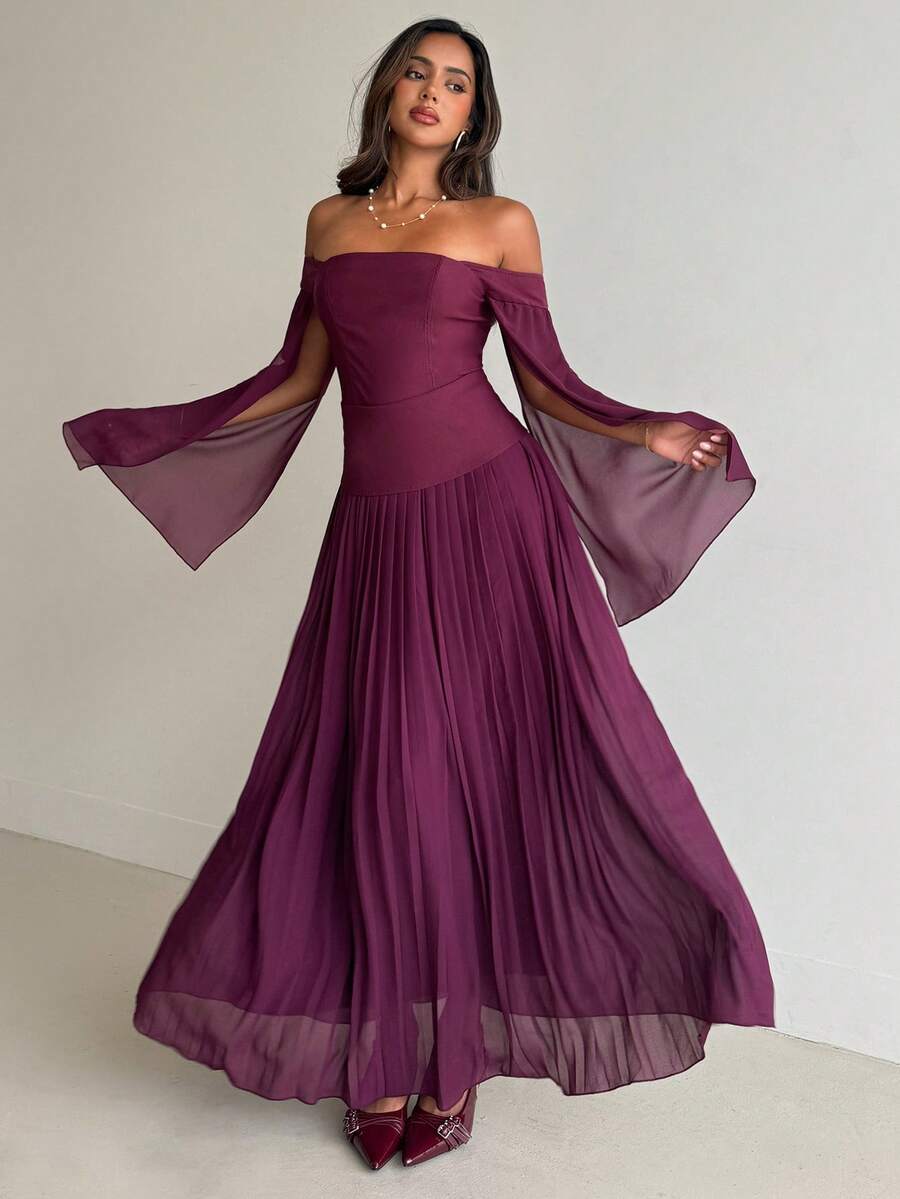 Aloruh Đầm chữ A xếp ly tay loe trễ vai màu đỏ rượu vang trơn mới dành cho nữ, chất liệu chiffon.