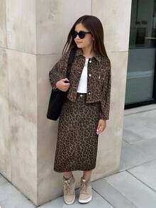 SHEIN 少女休闲豹纹纽扣牛仔外套和牛仔裙套装，秋季 - 棕色 - 查看 2