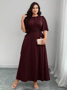 Modelyn Plus Size Women Solid Color Button Half Placket Ruffle Sleeve Waist Tie Elegant Dress - Burgundy - View 7