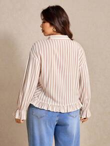 Elaquor Plus Size Casual Commuter Striped Shirt, Autumn - Apricot - View 2