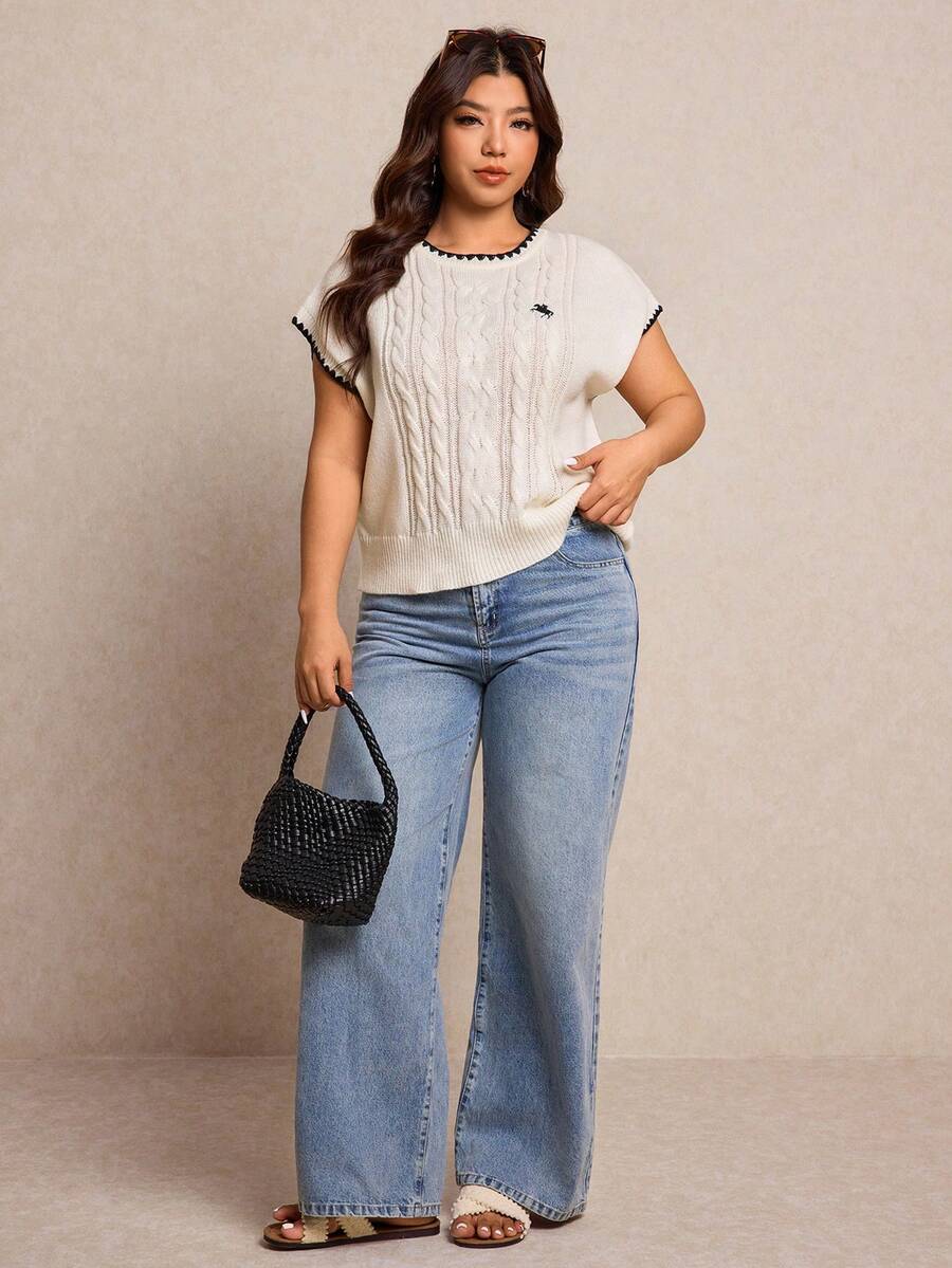 Elaquor 大码女式骑士刺绣花卉饰边圆领蝙蝠袖短袖针织上衣，休闲春季女装 - 米色 - 查看 1