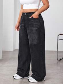 SHEIN ICON 大码休闲水洗高腰直筒牛仔裤 - 黑色 - 查看 3