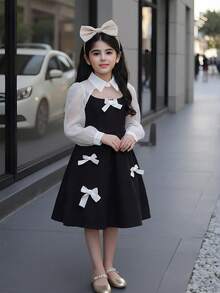 SHEIN 女童优雅简约舒适镂空领拼接撞色长袖连衣裙，蝴蝶结装饰精致公主裙，适合春夏郊游、拍照、派对、旅行 - 黑色 - 查看 7