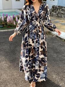 DAZY Women's Floral Print V-Neck Long Sleeve Mid-Length Dress Sundress - Baby Blue - View 8