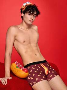 Notgurli Quần lót nam boxer dáng suông, thoải mái, màu sắc rực rỡ, họa tiết xúc xích, hot dog. - Đỏ - Xem 6