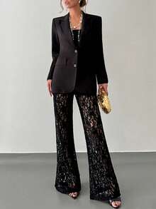 Islaluna 女士优雅宽松垫肩单排扣长袖西装外套及喇叭裤蕾丝裤套装 - 黑色 - 查看 4