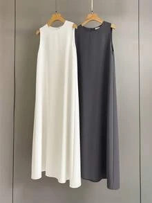 Al Najma Đầm nữ màu trơn cổ tròn không tay dáng rộng phong cách Ả Rập tối giản thường ngày. - Nhiều màu - Xem 3
