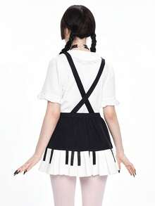 ROMWE Kawaii 女士可爱音符和钢琴键刺绣吊带迷你连衣裙 - 黑色 - 查看 8