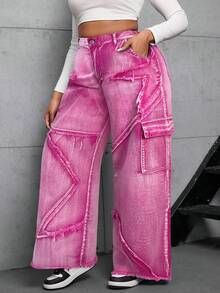 Dripcurv Quần jeans nữ cỡ lớn kiểu đường phố ống rộng với họa tiết ngôi sao, màu xanh dương, quần cargo nữ cho mùa tựu trường, trang phục ngày Quốc khánh 4 tháng 7. - Hồng - Xem 3