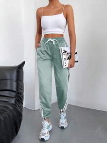 EURMUSE 95% Cotton Contrast Tape Drawstring Waist Sweatpants - Mint Green - View 4