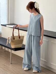DAZY Teen Girl Solid Color Round Neck Wide Strap Sleeveless Casual Loose Denim Set