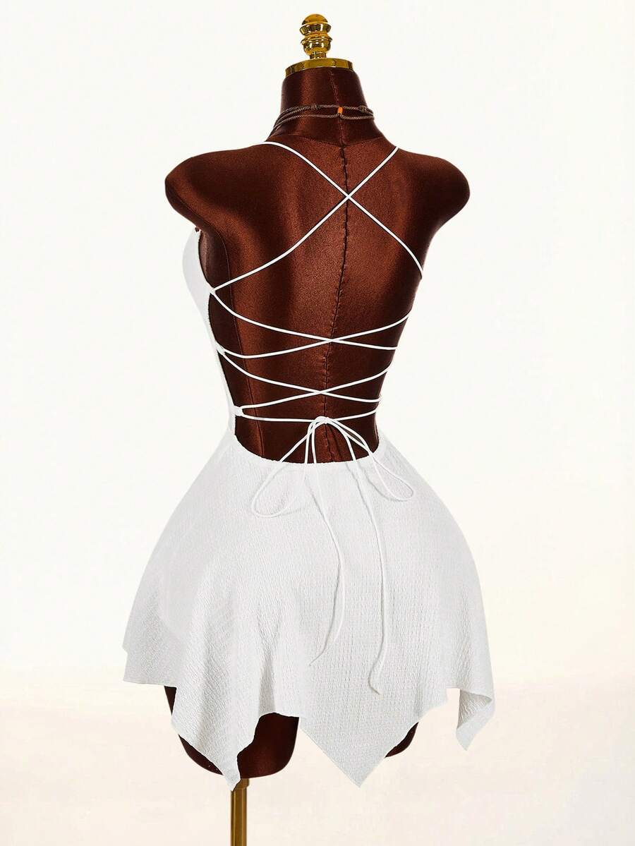 Amplova 2026 Early Spring New Arrival Low-Cut Bodycon A-Line Textured Fabric Asymmetric Hem Dress - White - View 1