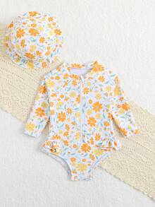SHEIN Vintaside Kids 新生儿/婴儿女童两件套：长袖碎花防晒泳衣配泳帽 - 彩色 - 查看 5