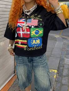 Rovax 女士圆领短袖时尚国旗图案上衣，夏季 - 彩色 - 查看 6