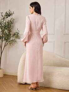 Modelyn 女士优雅纯色贴花荷叶边连衣裙，秋季粉色连衣裙，女士优雅长袖粉色连衣裙，长袖优雅连衣裙，端庄优雅连衣裙 - 淺粉色 - 查看 3