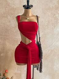 Soleia Women's Fashionable Sexy Solid Color Tie Strap Mini Dress  Summer Dress Christmas Dress New Year Dress Elegant Dresses For Party Beach Dress Elegant Dresses For Women Vacation Outfits Women  Holiday Dresses For Women  Red Dresses For Women Burgundy Dress Red Bodycon Dress